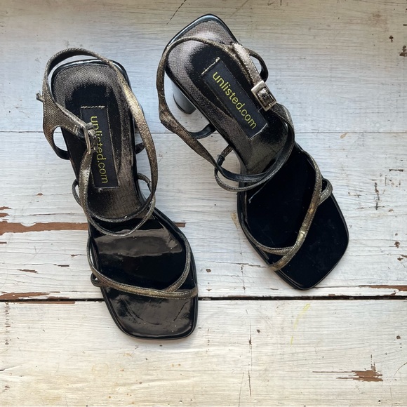 Vintage Y2K unlisted Metallic Strappy Square Toe Chunky Heel - Picture 15 of 15